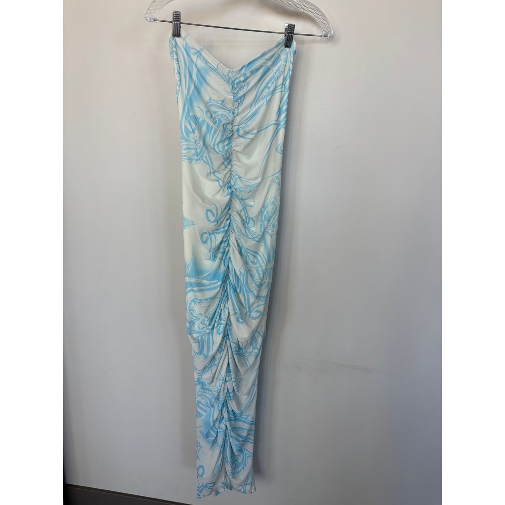 Miaou x Urban Outfitters Blue Motif Ruched Mesh Strapless Maxi Dress Large NWT